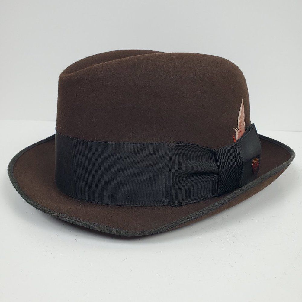 Vintage 1950s Penney's Marathon Fedora Hat Cap Brown Felt Black Ribbon Feather‎